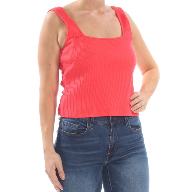 Guess Womens Red Ribbed Sleeveless Square Neck Tank Top L